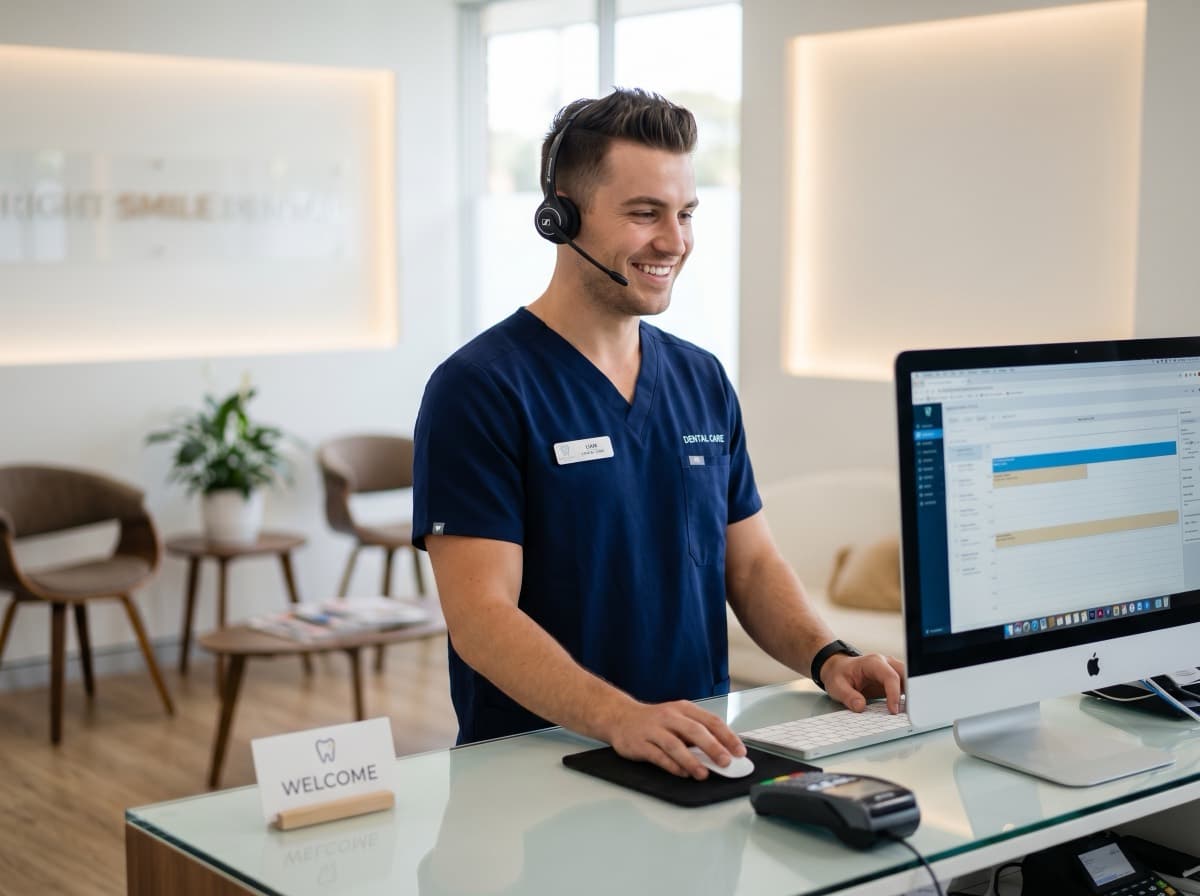 Dental front-desk receptionist on a call