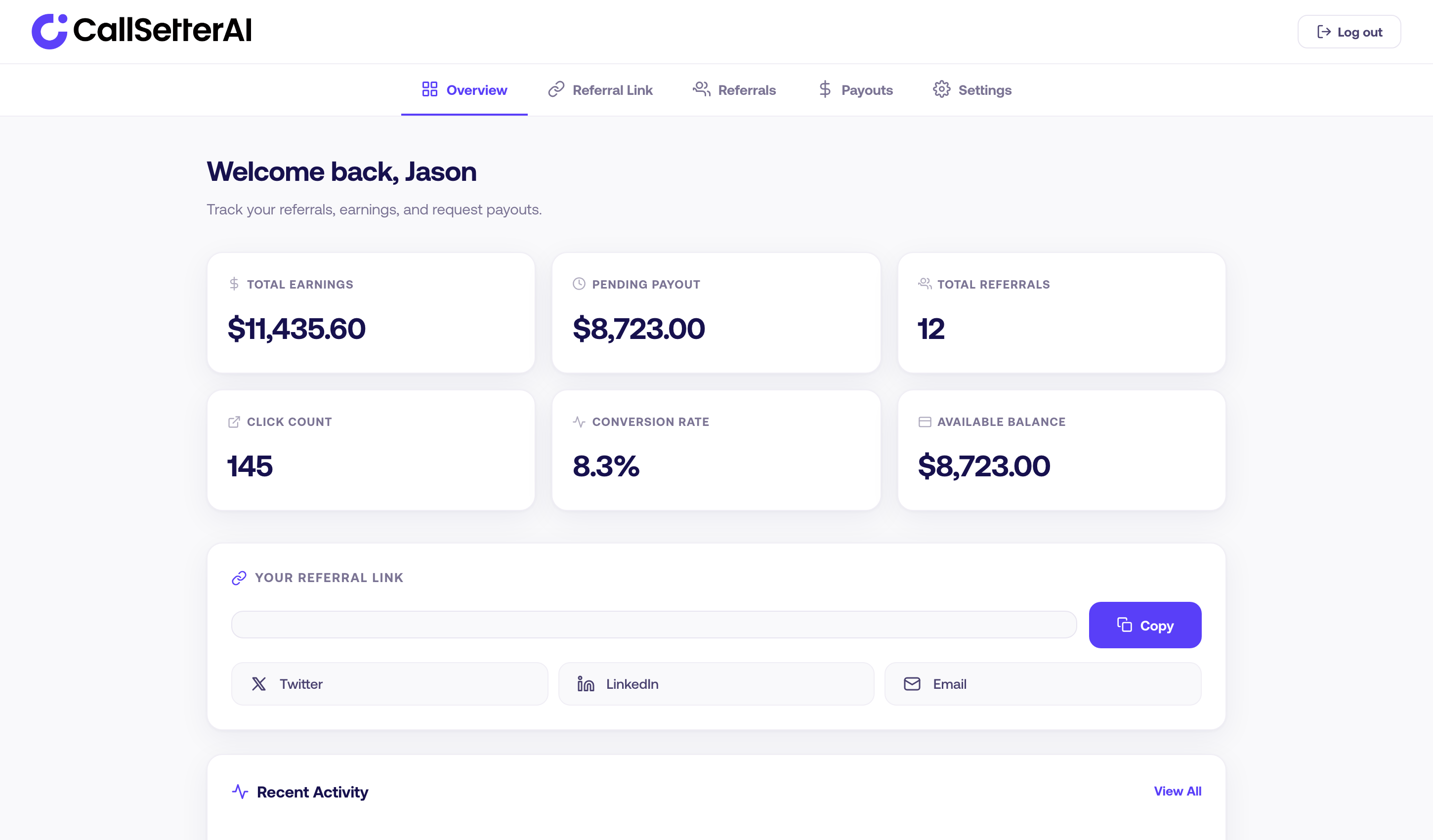 CallSetter AI Affiliate Dashboard showing $11,435 in earnings