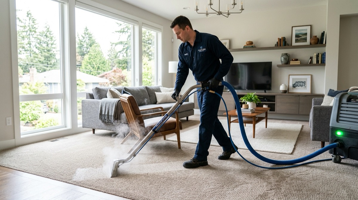 Professional carpet cleaning technician using truck-mounted equipment on residential carpet