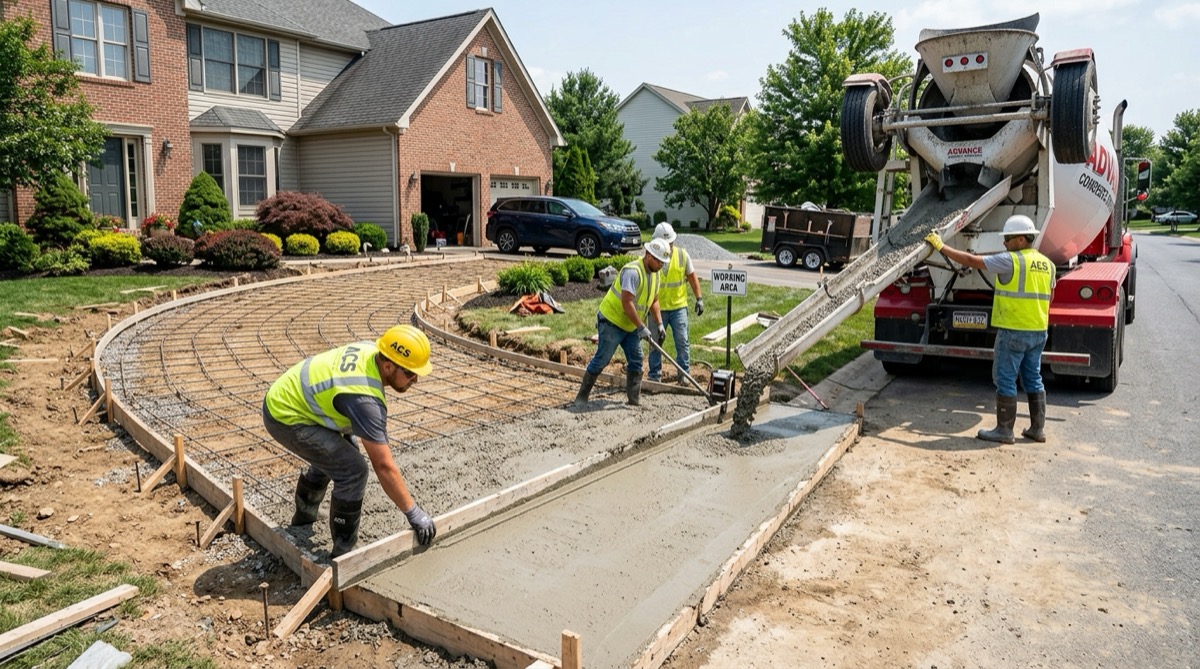 Concrete contractor pouring and finishing a new residential driveway