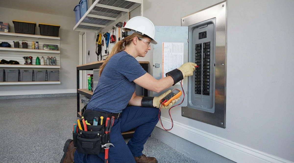 Electrician working on electrical panel