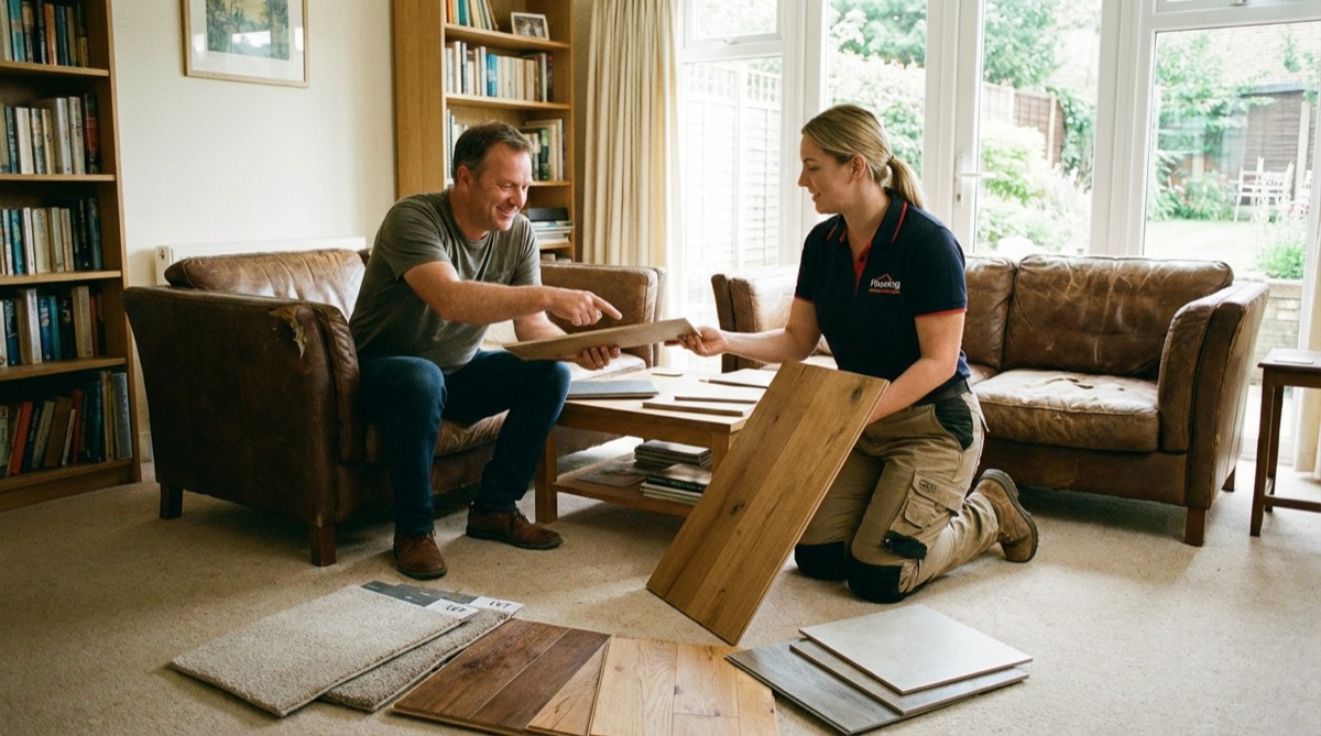 Flooring professional presenting an estimate to homeowner