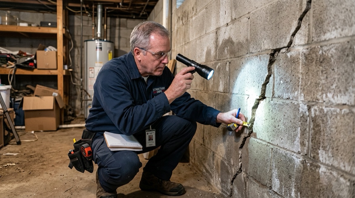 Foundation repair team leveling a residential home using hydraulic push pier system