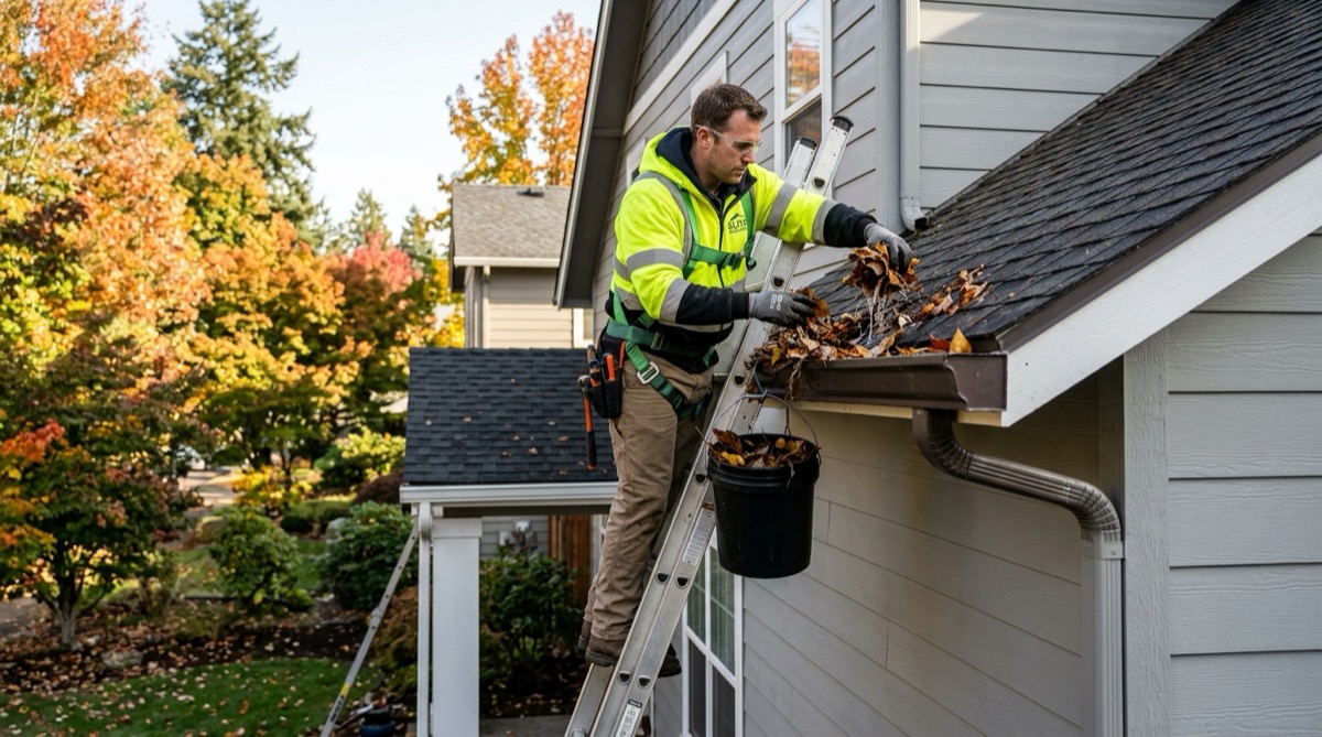 Professional gutter cleaning technician removing leaves and debris from residential gutters