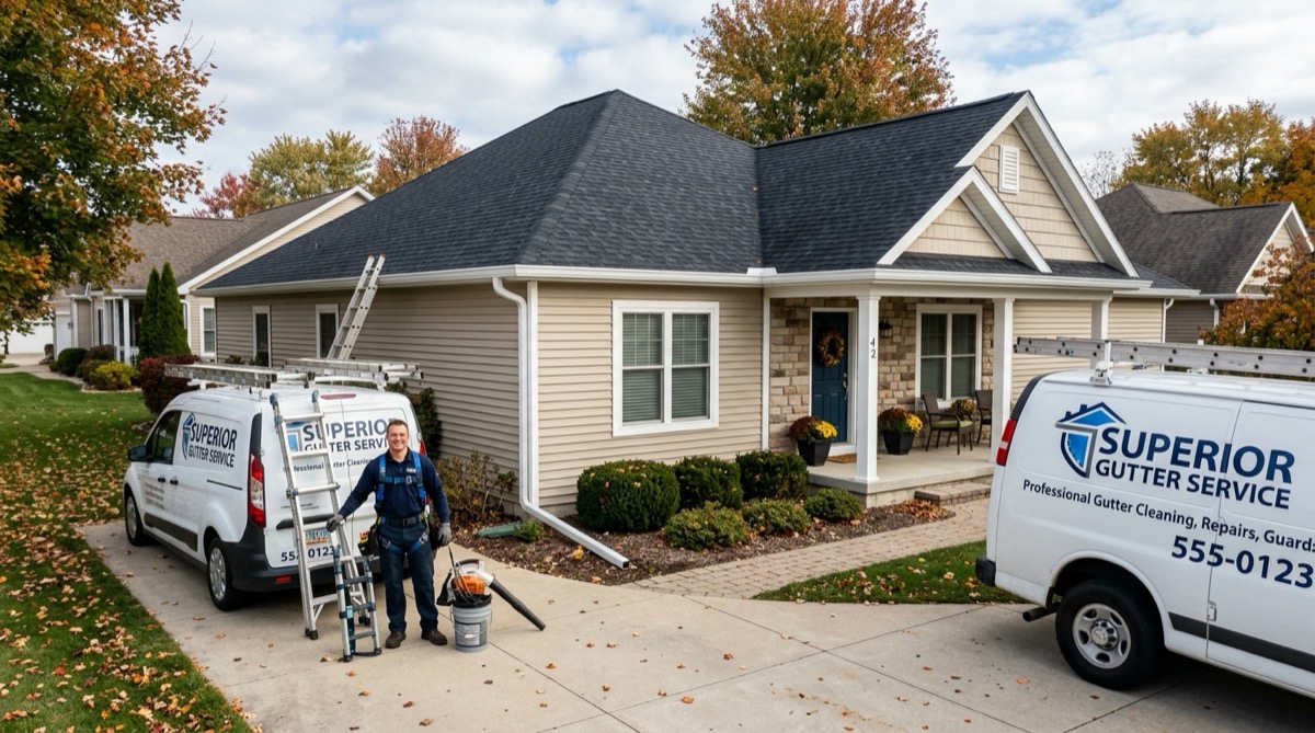 Gutter cleaning professional removing debris from gutters on a two story home