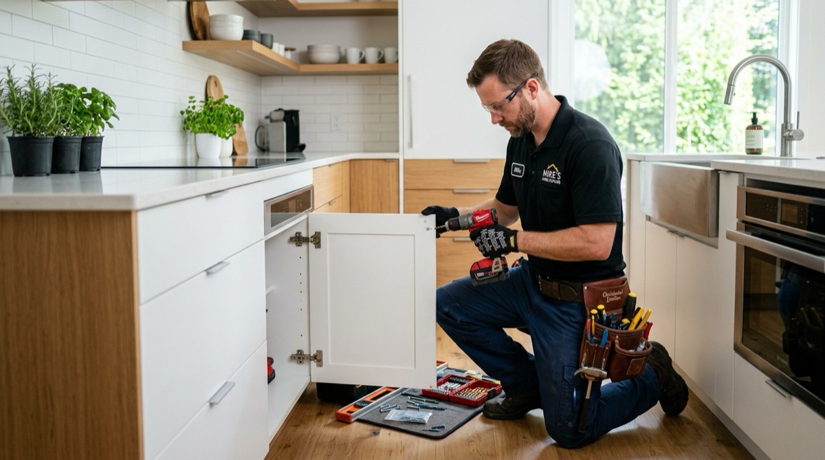 Professional handyman installing a ceiling fan in a residential home