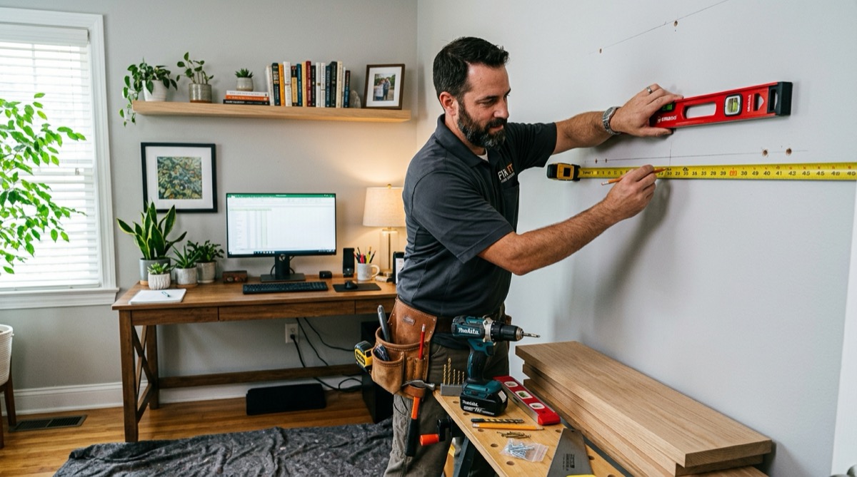 Handyman professional repairing drywall and painting in a residential home