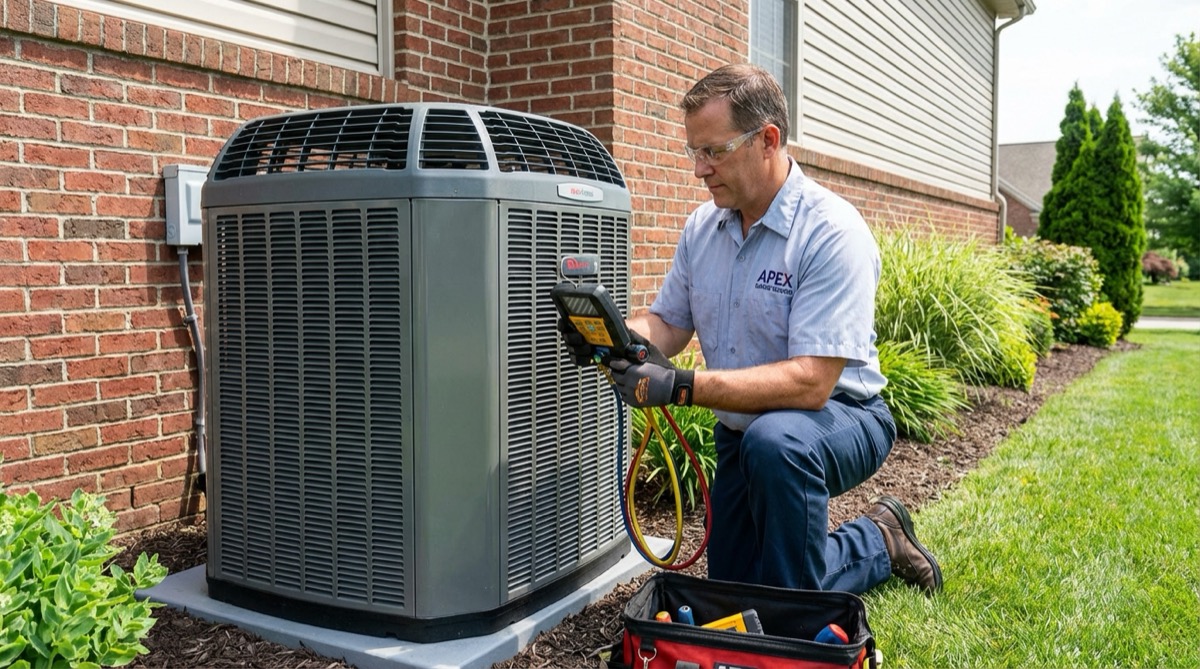 HVAC technician servicing residential air conditioning unit