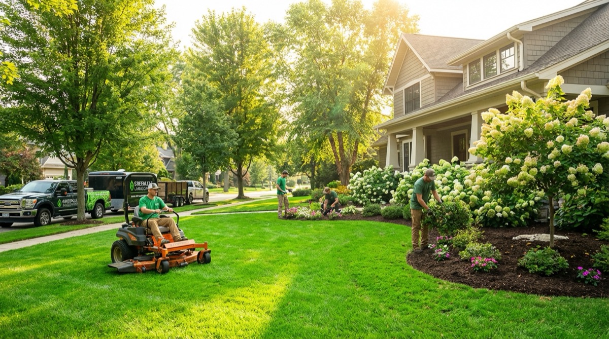 Professional landscaping crew working on residential property