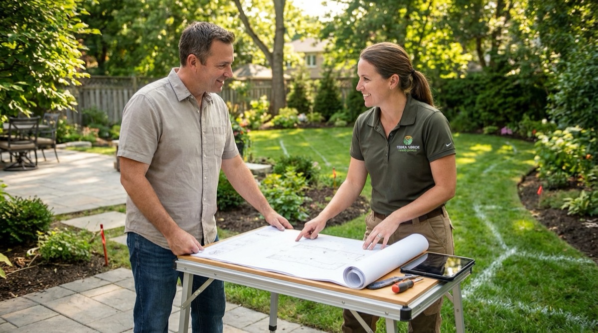 Landscaping company scheduling estimate with client