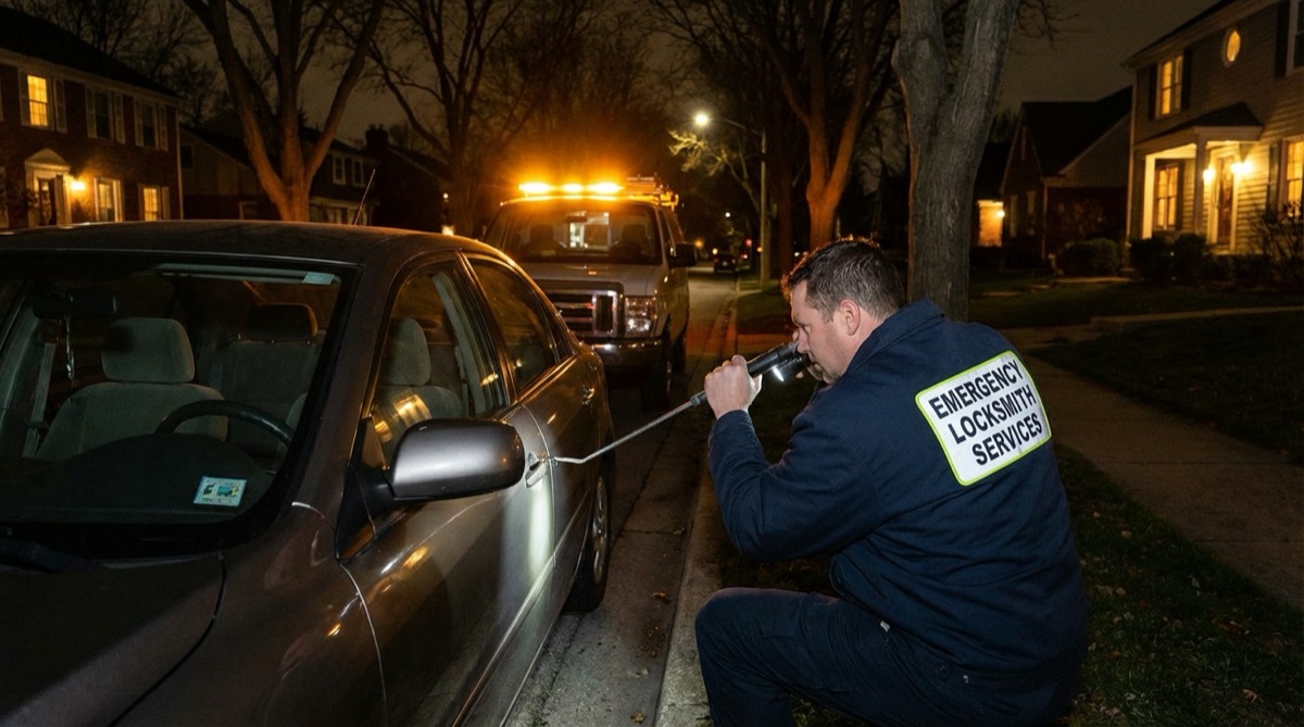 Professional locksmith working on residential door lock