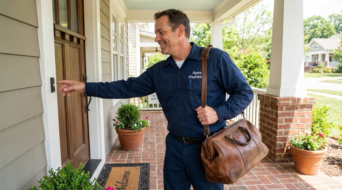 Professional plumber arriving at customer home