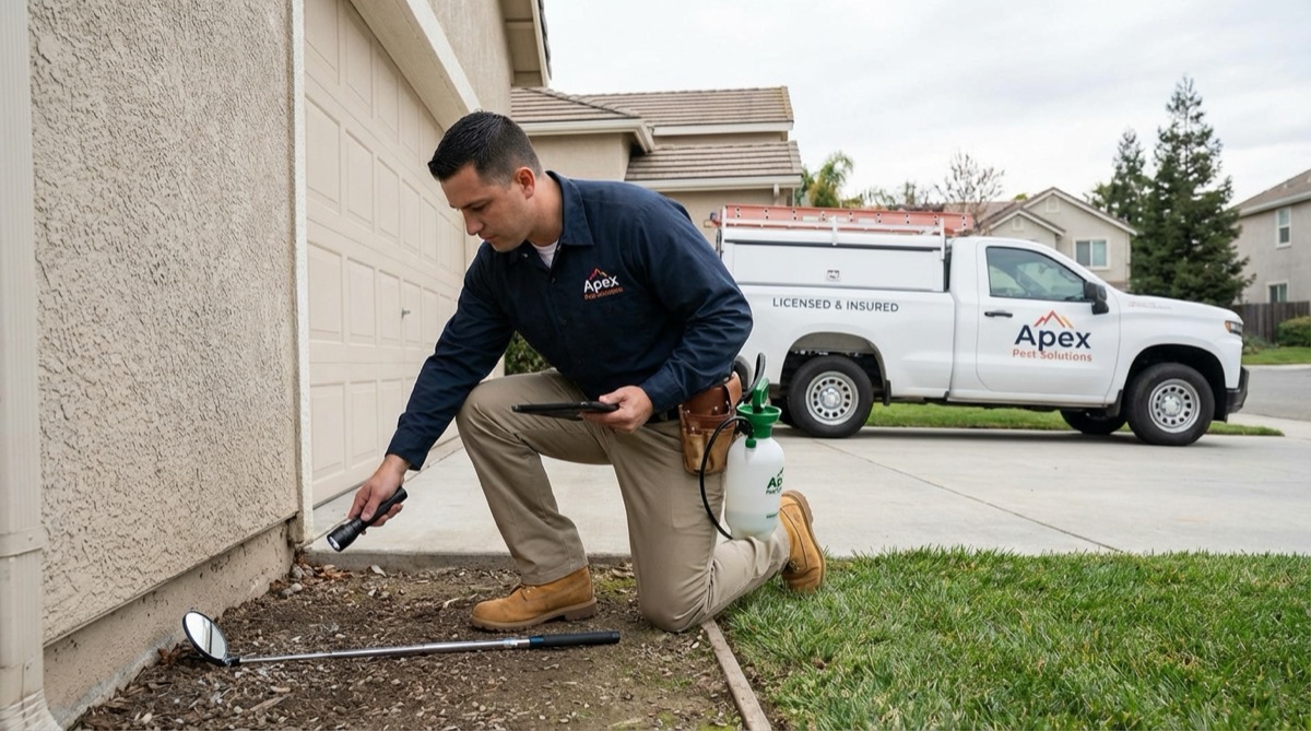 Pest control technician inspecting residential property