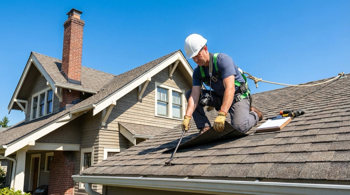 Professional roofing contractor inspecting a residential roof