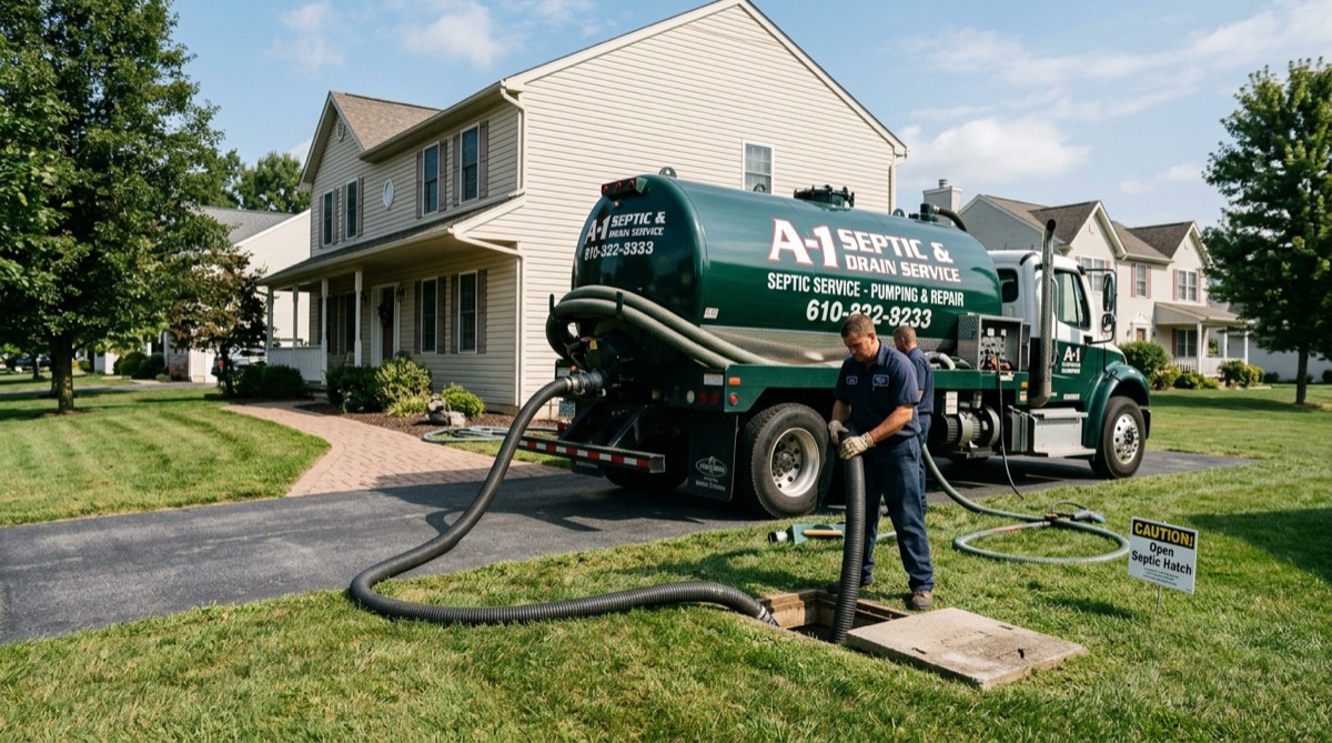 Septic service truck pumping a residential septic tank in a rural property