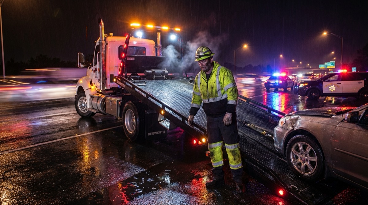 Tow truck operator loading vehicle onto flatbed at night