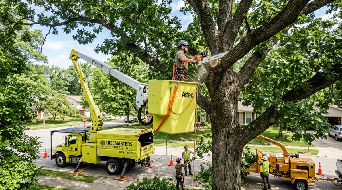 Tree service crew using crane to remove a large storm damaged tree from residential property