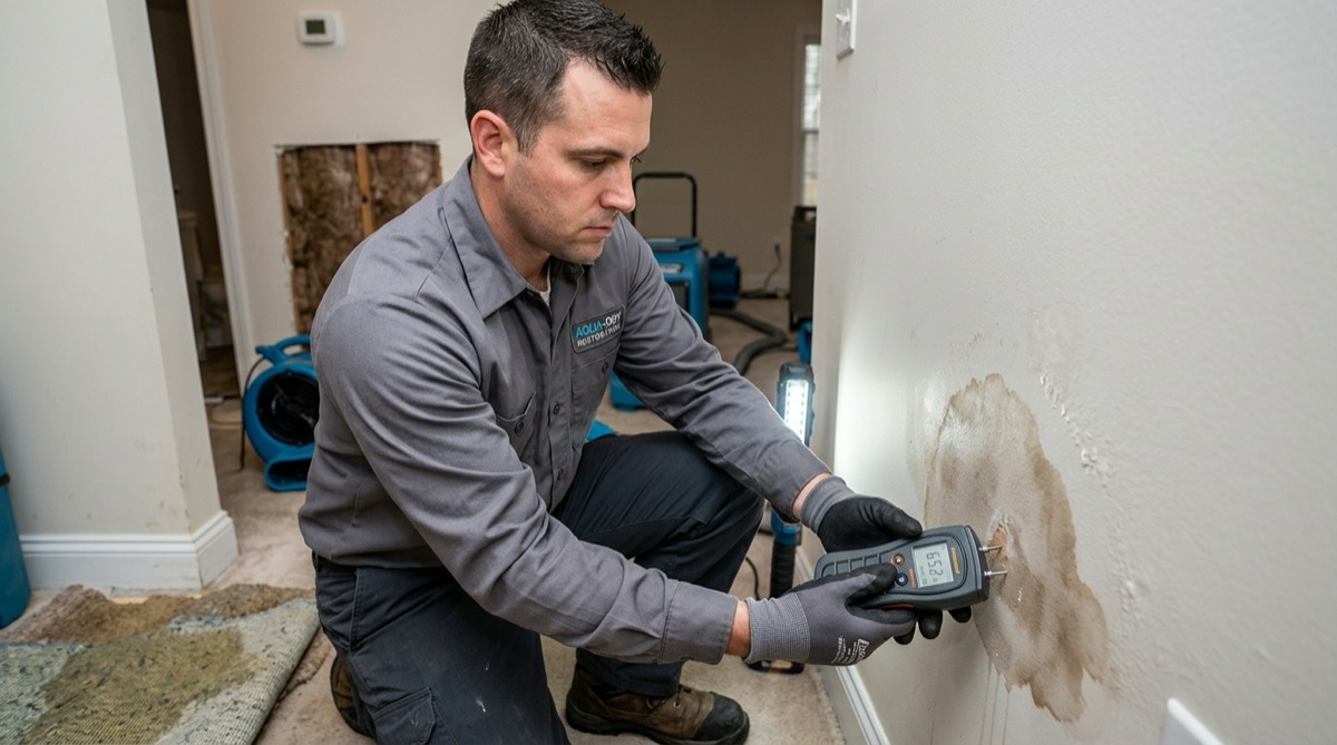 Restoration technician setting up industrial dehumidifiers and air movers for water damage drying