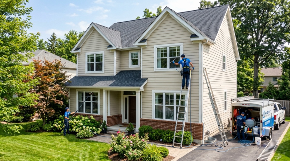 Window cleaning professional using water fed pole system on two story home