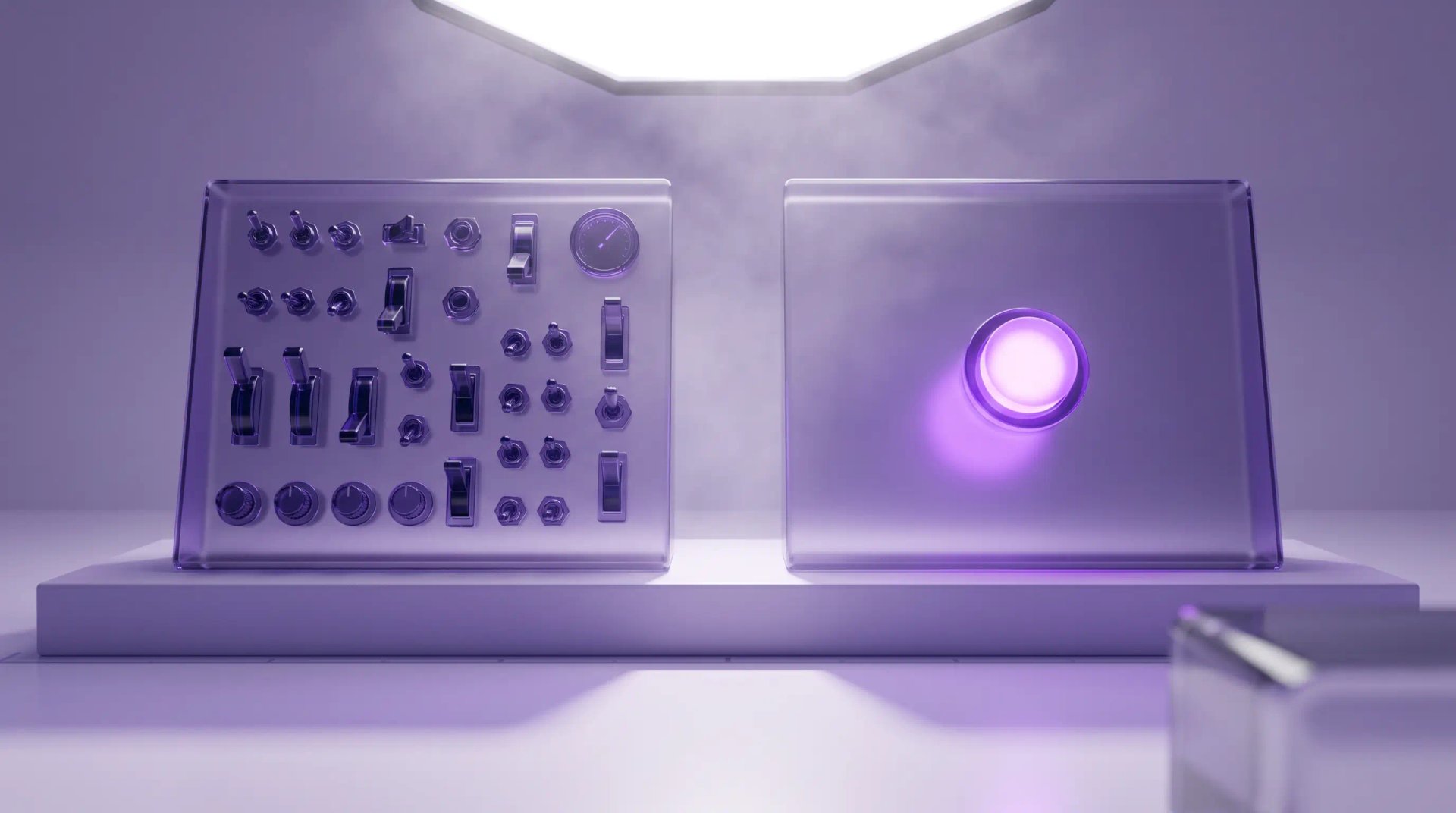 A crowded control panel beside a single button